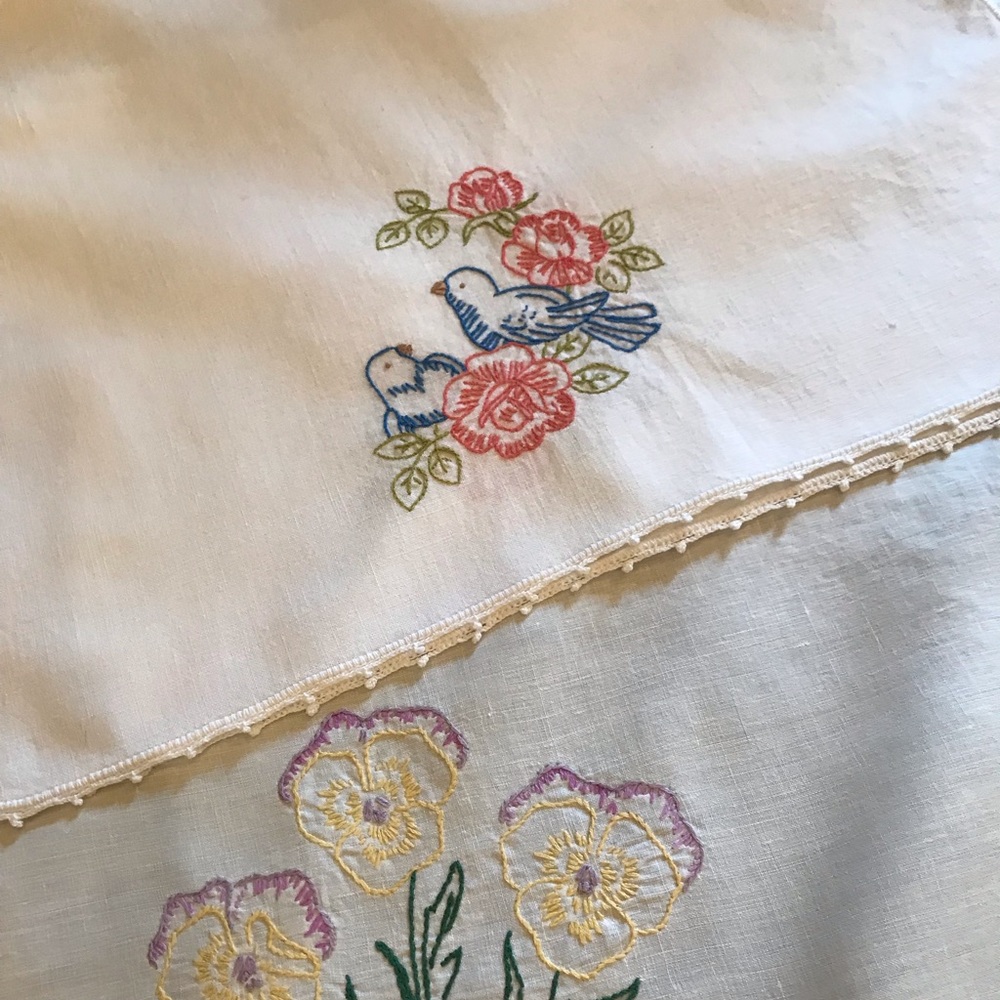 2 vintage table runner or dresser scarves